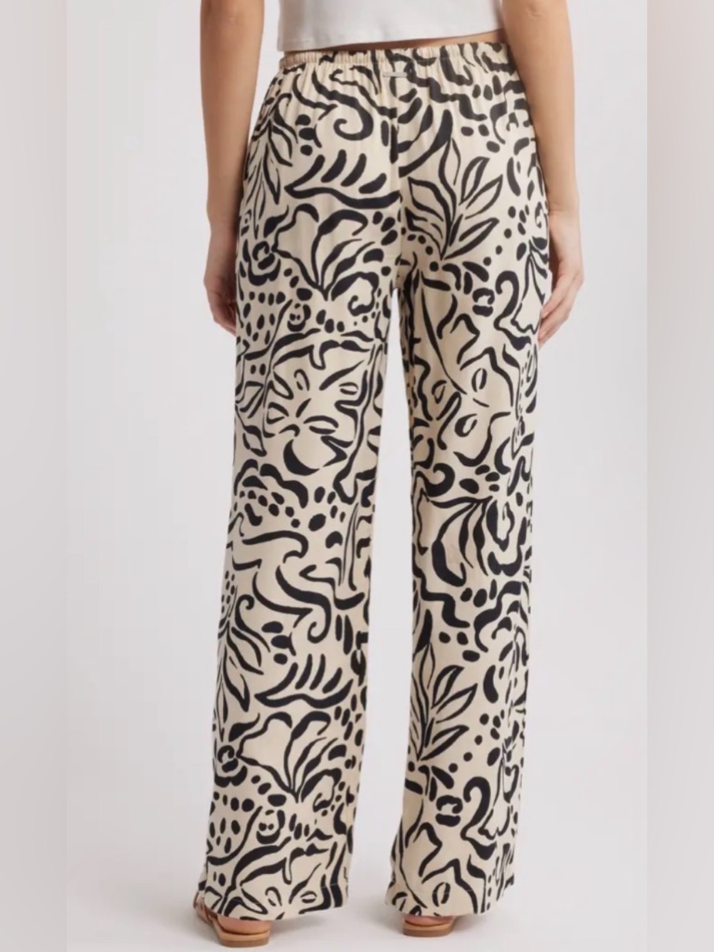 Billabong Abstract Palm Print Wide Leg Beach Pants Ivory Black Size M Boho